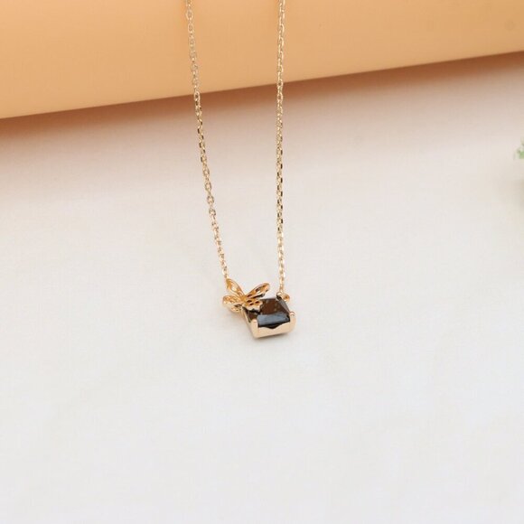 Elegant Rose Gold Necklace with Black Stone and Bow Design, XPNL0406 - Picture 8 of 12